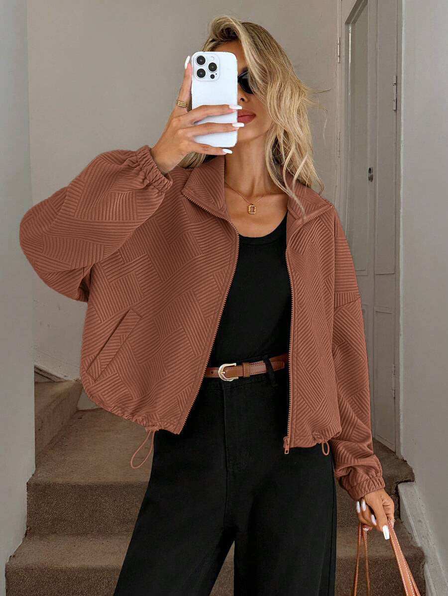 Textured Polyester Jacket Casual Bomber Oversized Zip Up
