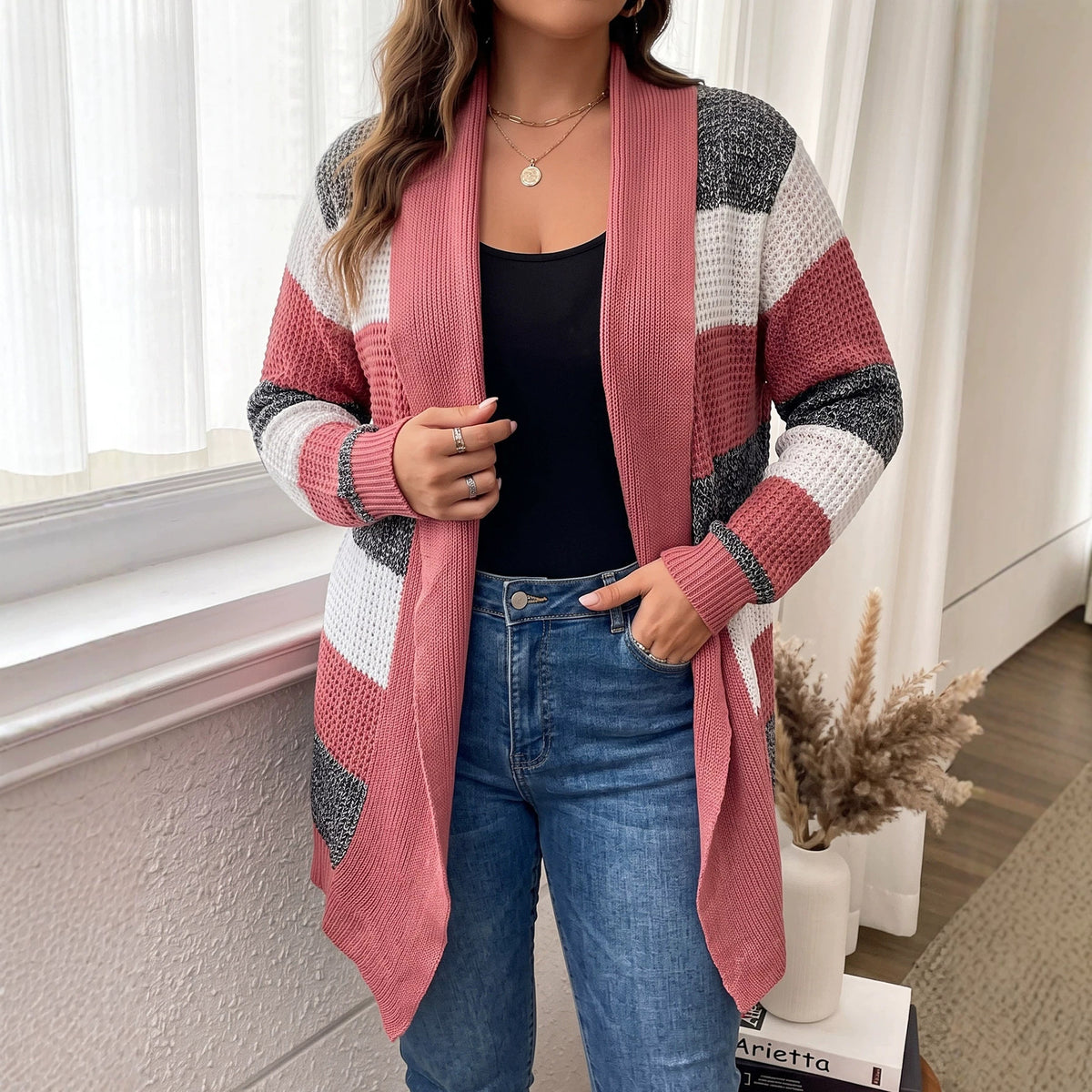 Plus Size Color Block Open Front Cardigan Sweater