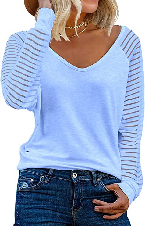 Striped Cotton Top Casual V Neck Sheer Sleeves