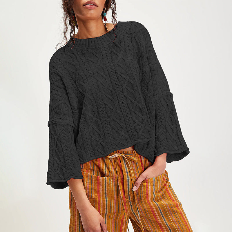 Cropped Cable Knit Sweater | 7/8 Bell Sleeve Pullover Women