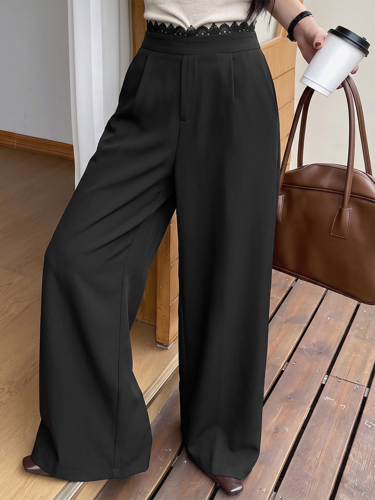 Women's High Waist Lace Trim Wide Leg Pants