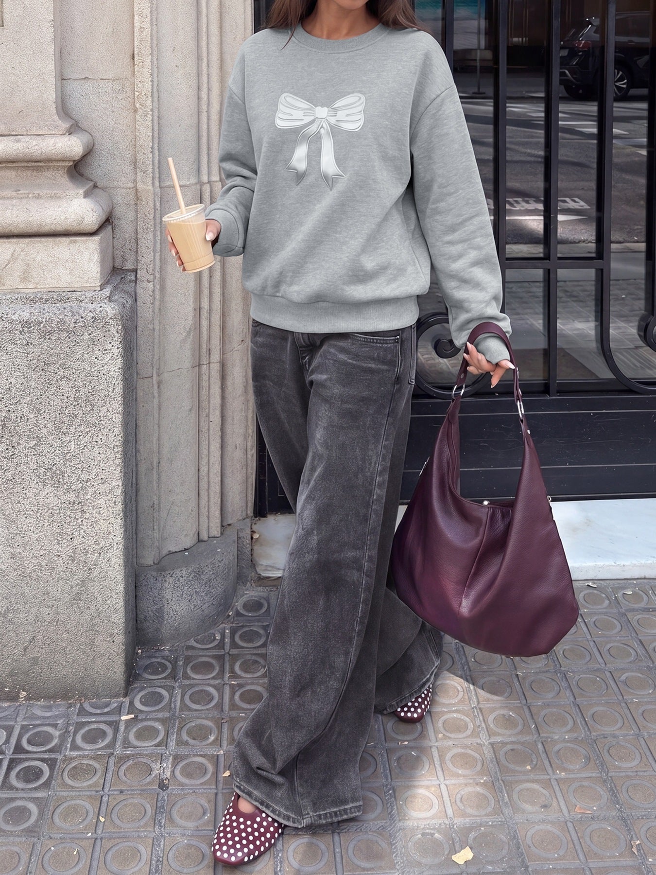 Bow Print Sweatshirt Terry Top Casual Oversized Trendy Style