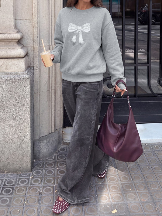 Bow Print Sweatshirt Terry Top Casual Oversized Trendy Style