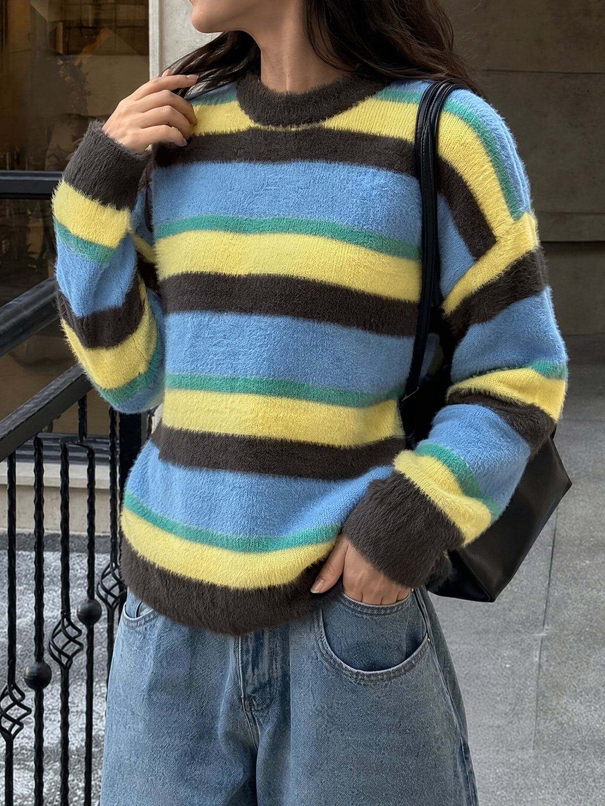 Women's Oversized Striped Fuzzy Crewneck Sweater