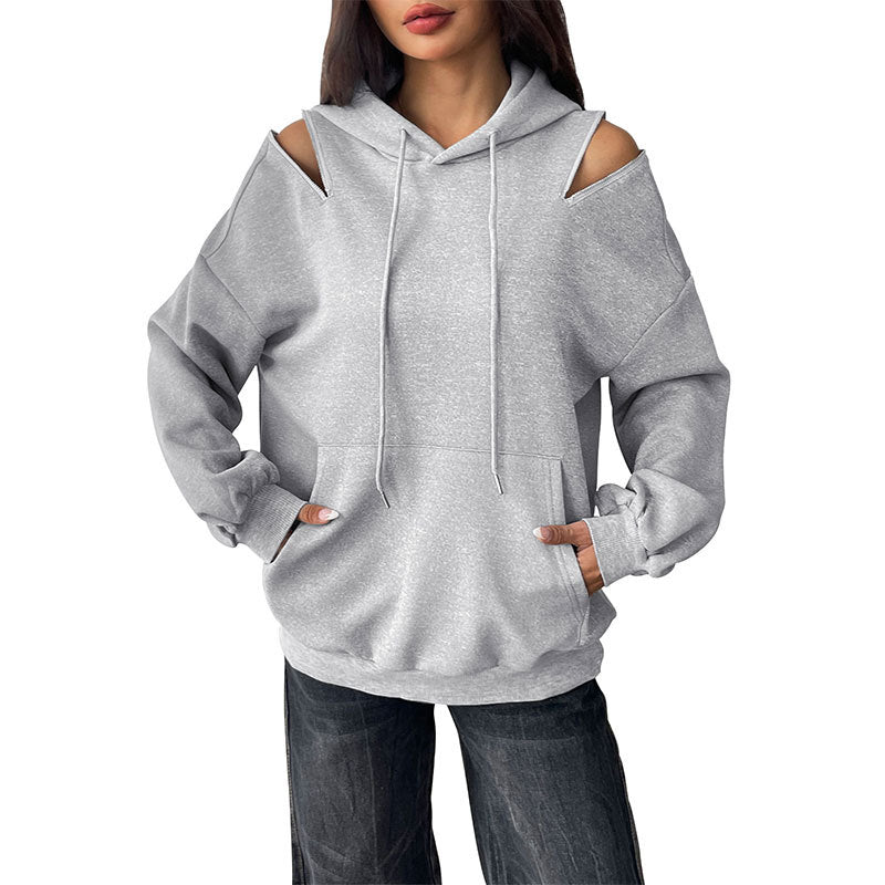 Gray Cold Shoulder Hoodie Women Drawstring Pullover Sweatshirt
