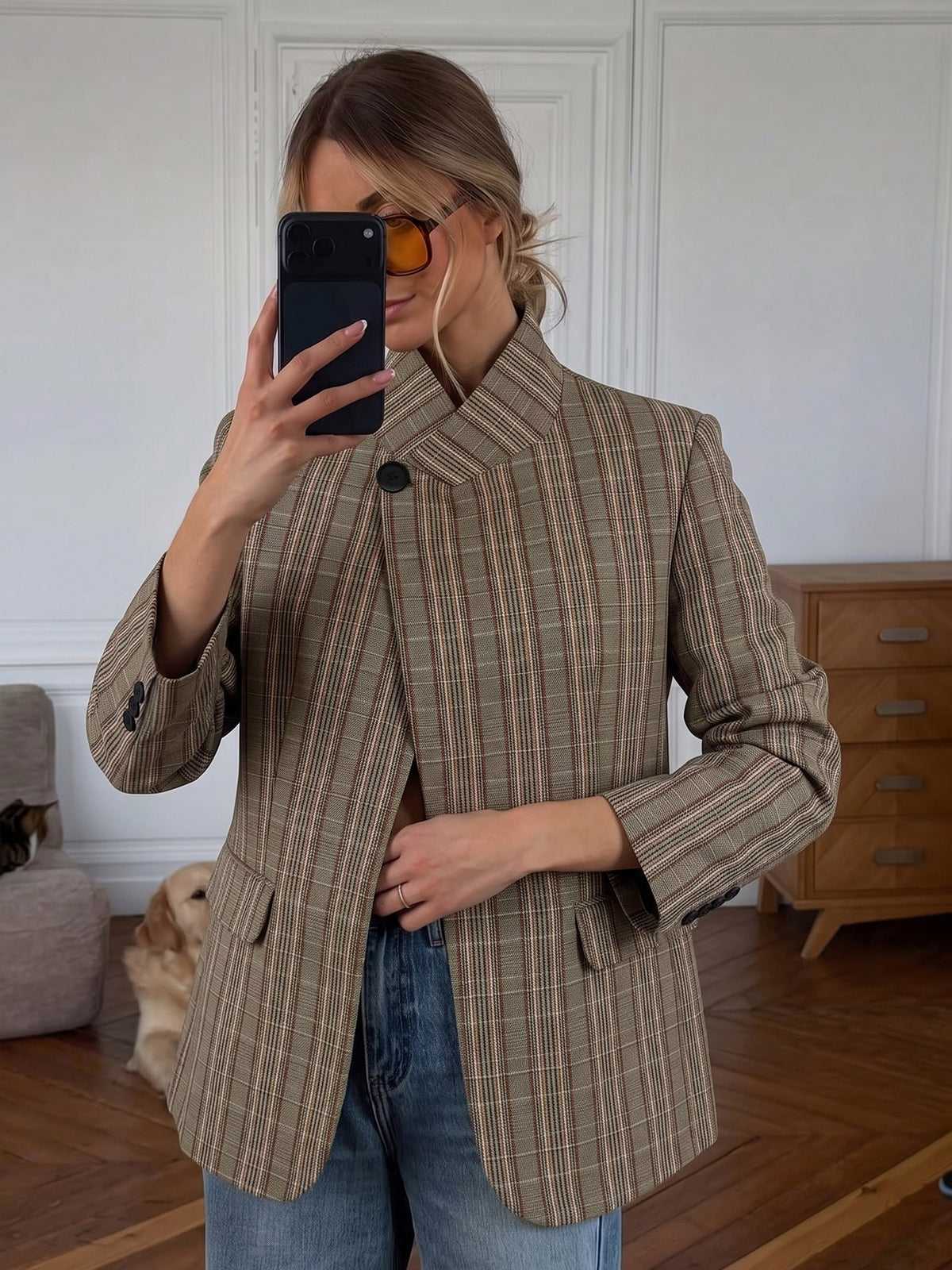 Oversized Plaid Blazer Single Button Stand Collar Jacket
