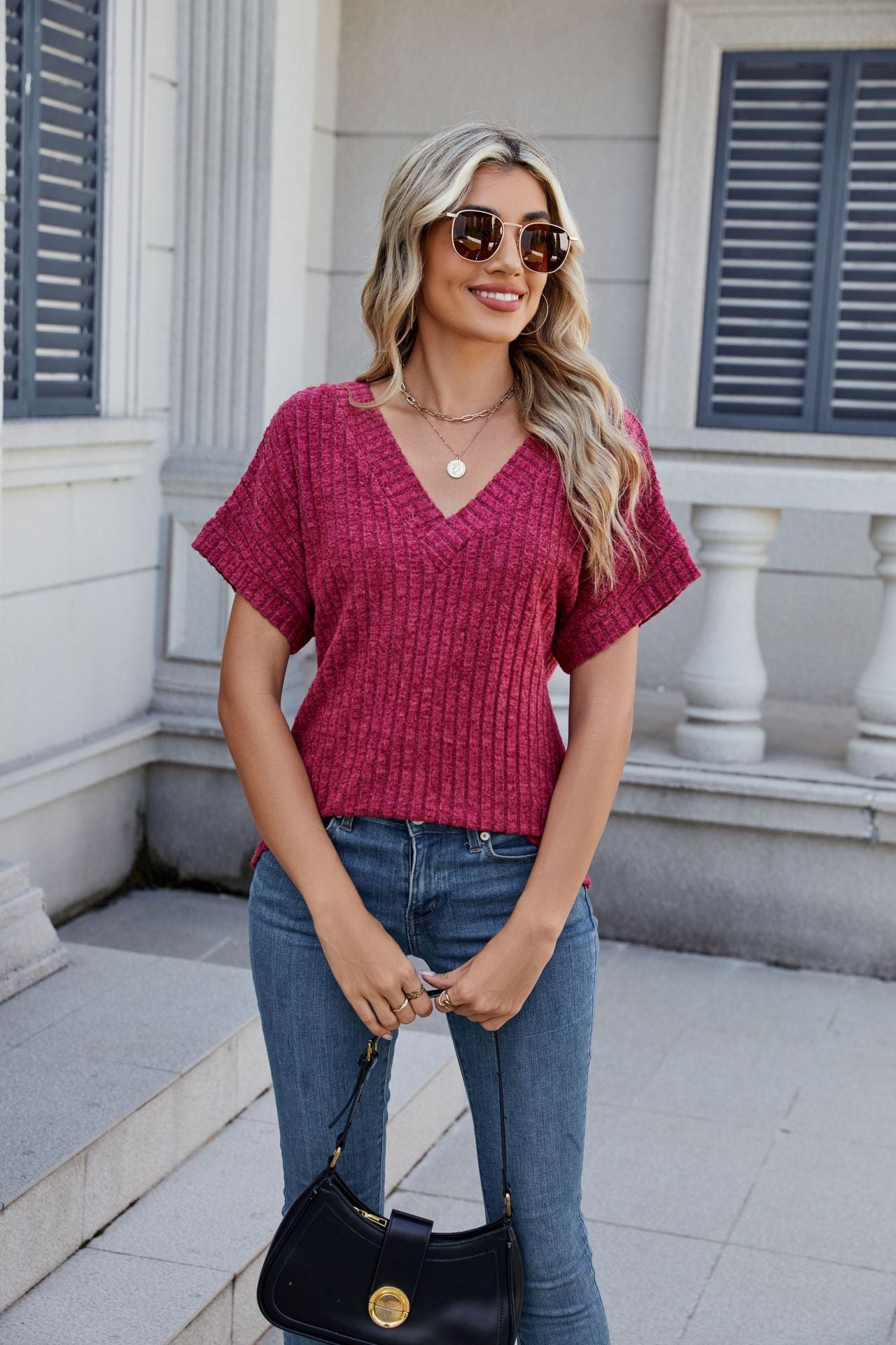 Ribbed Knit Top Casual Dolman Sleeve V Neck