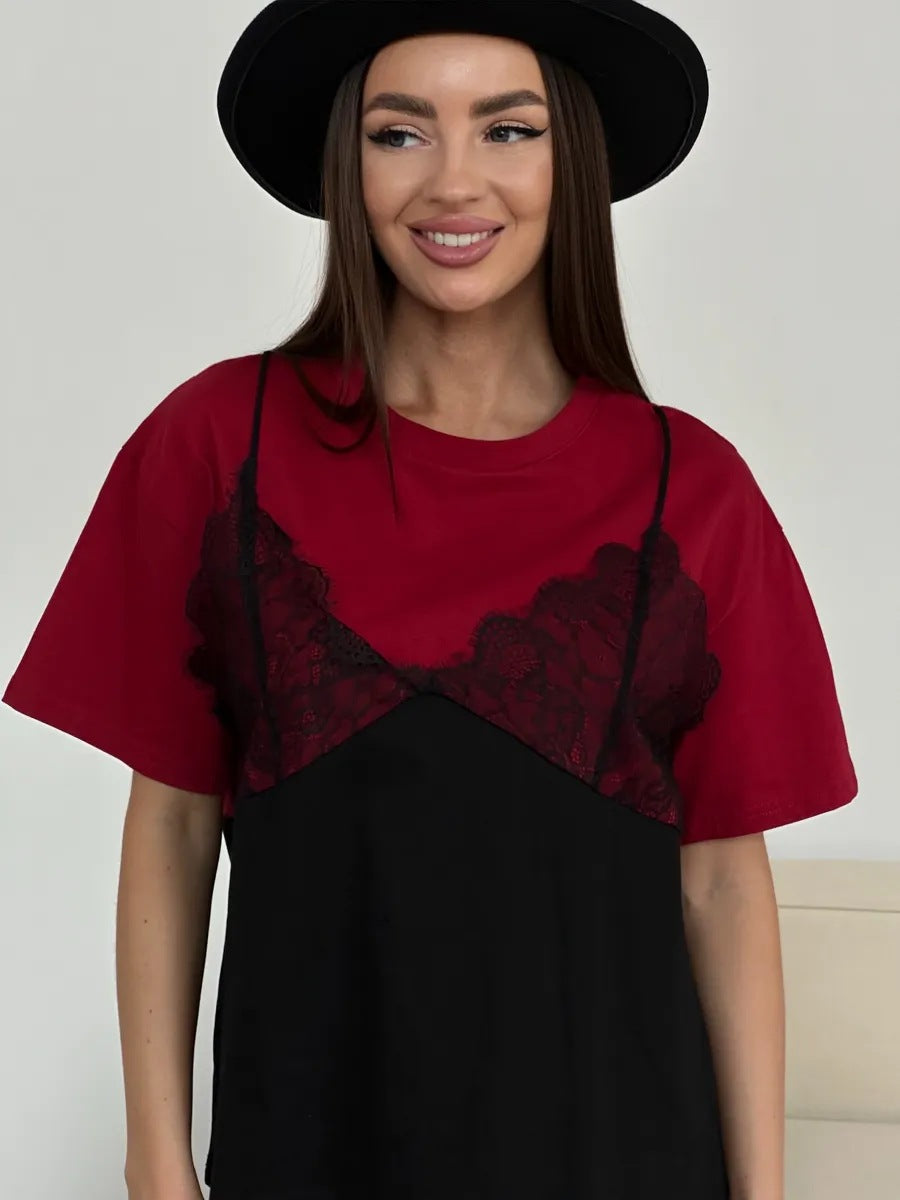 Lace Patchwork Cotton T Shirt Trendy Layered Loose Fit