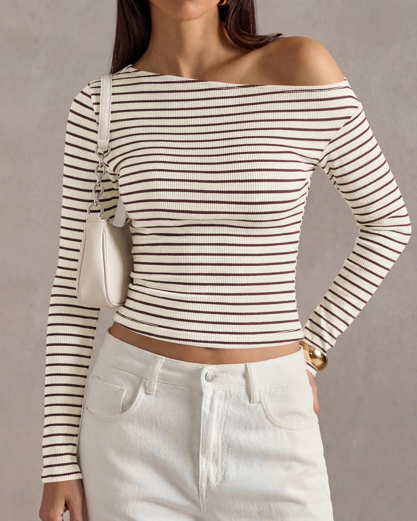 Ribbed Off Shoulder Striped Long Sleeve Knit Top
