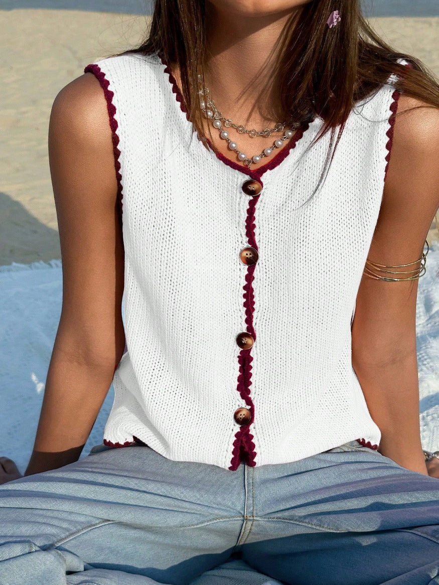 Y2K Contrast Trim Knit Tank Top Sleeveless Button Vest