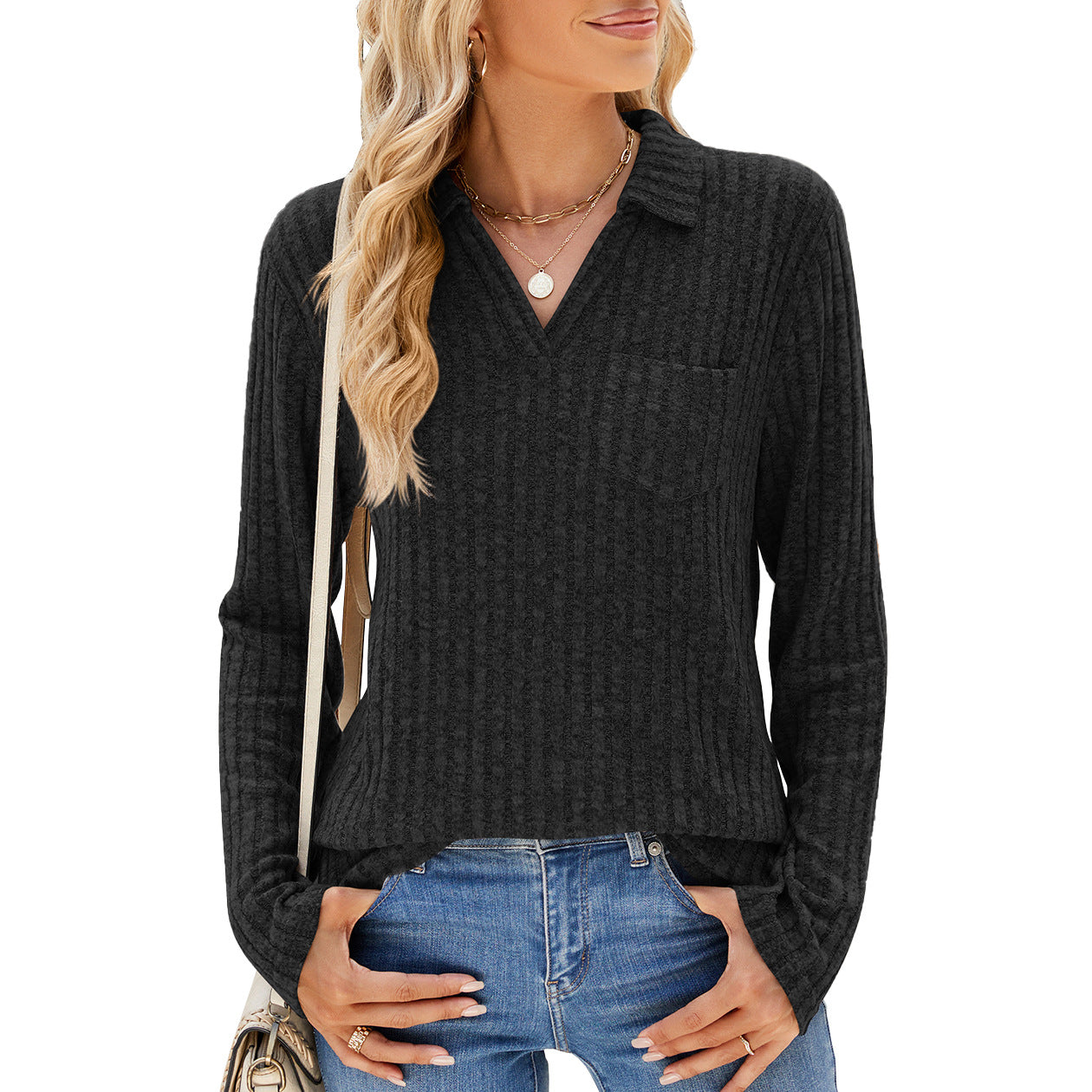 Women's Ribbed Knit Collared Pocket Long Sleeve Top