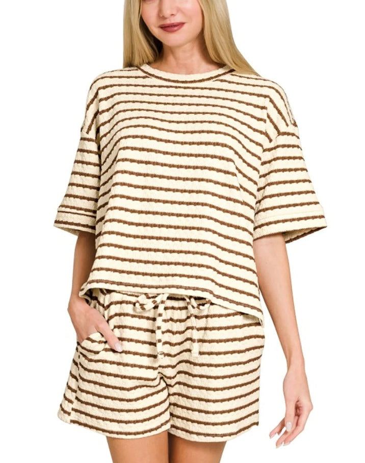 Striped Cotton Shorts Set Boutique Textured Knit Loungewear