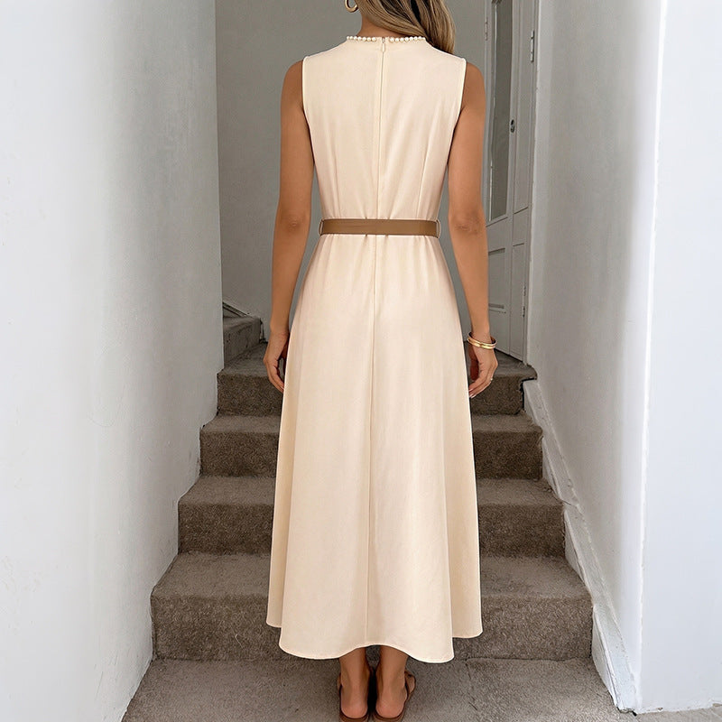 Sleeveless Bow Belt Midi Dress Elegant A-Line Summer Dress