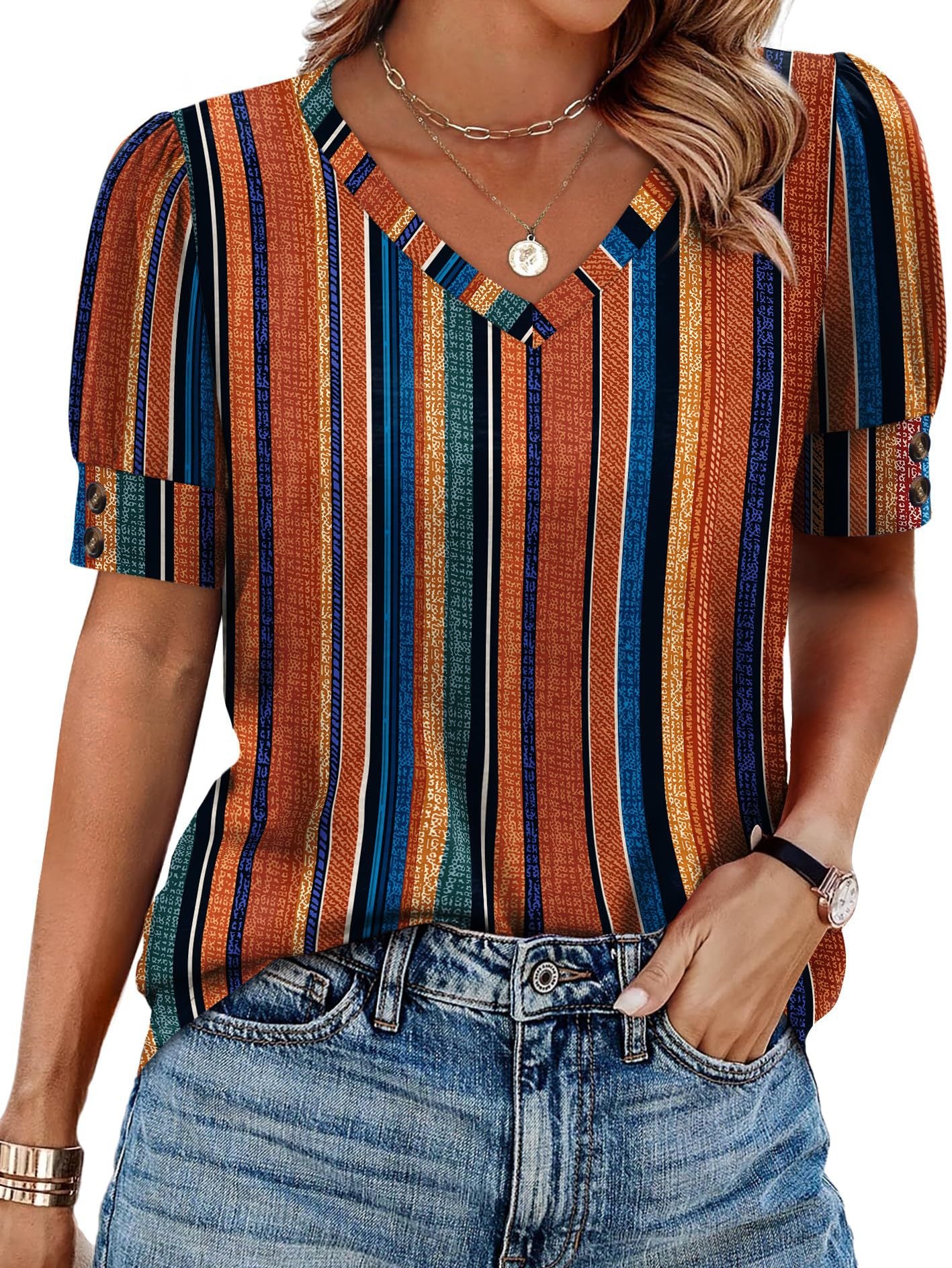 Women’s V Neck Puff Sleeve Tee Button Detail Top