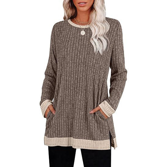 Color Block Ribbed Tunic Top Long Sleeve Pocket Side Slit