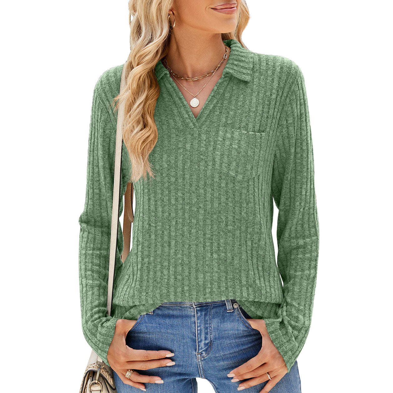 Women's Ribbed Knit Collared Pocket Long Sleeve Top
