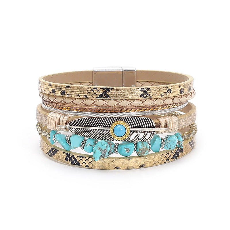 Boho Leather Feather Turquoise Wrap Bracelet for Women