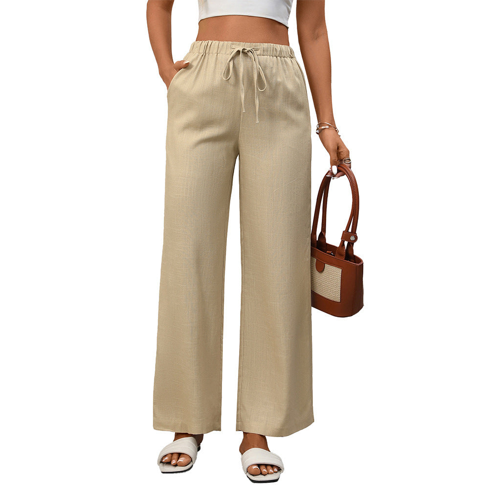 High Waist Cotton Linen Wide Leg Pants with Pockets