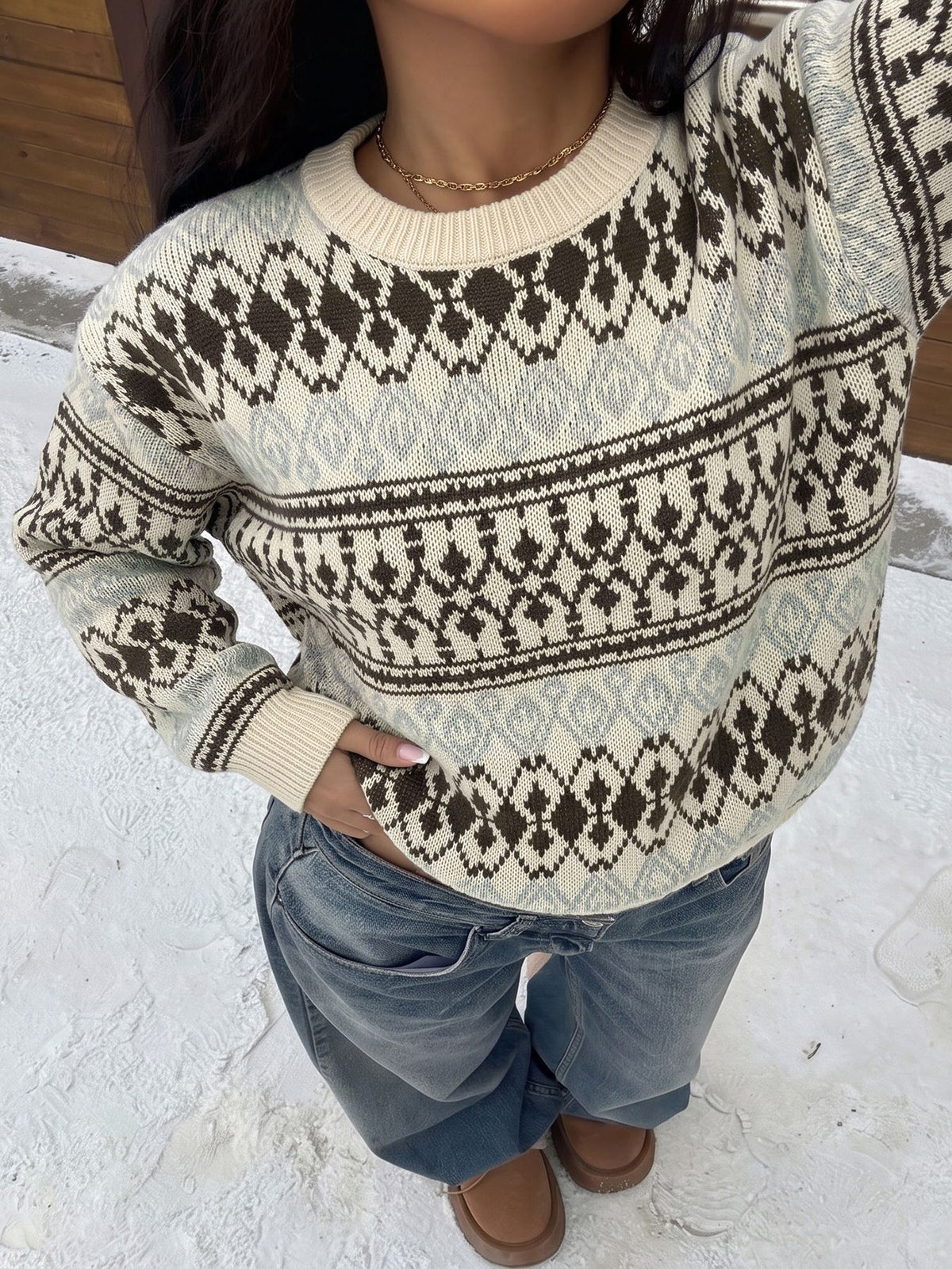 Women's Oversized Fair Isle Crew Neck Knit Sweater