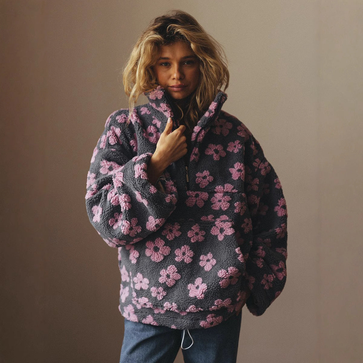Floral Sherpa Pullover Half Zip Sweatshirt