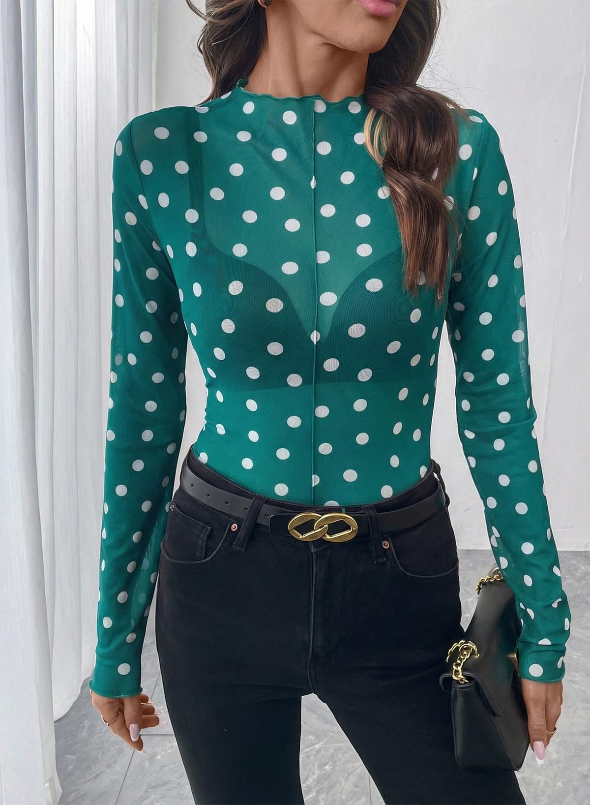 Polka Dot Mesh Top Sheer Fitted Club Blouse