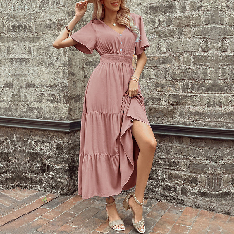 2026 Summer V Neck Smocked Waist Midi Dress