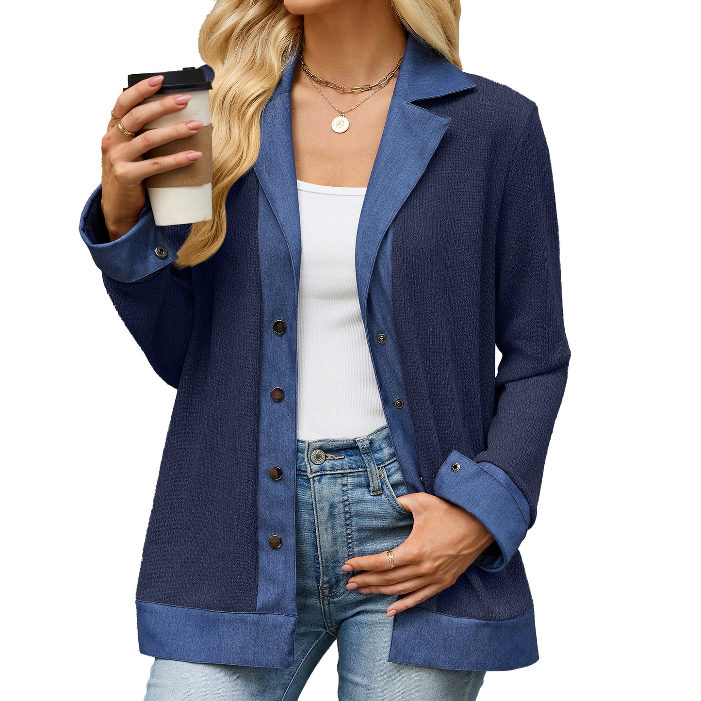Women's Color Block Denim Trim Button Front Cardigan