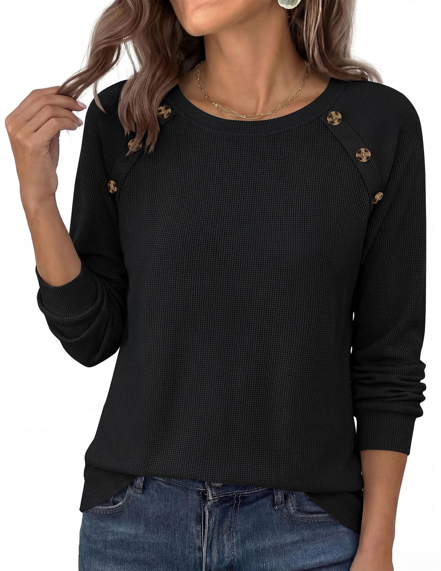 Waffle Knit Button Detail Top Long Sleeve Casual Pullover