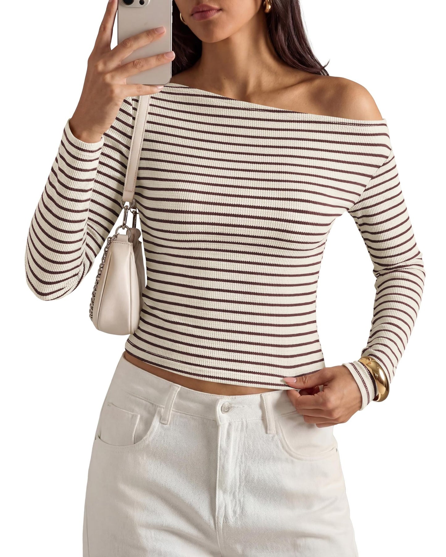 Ribbed Off Shoulder Striped Long Sleeve Knit Top