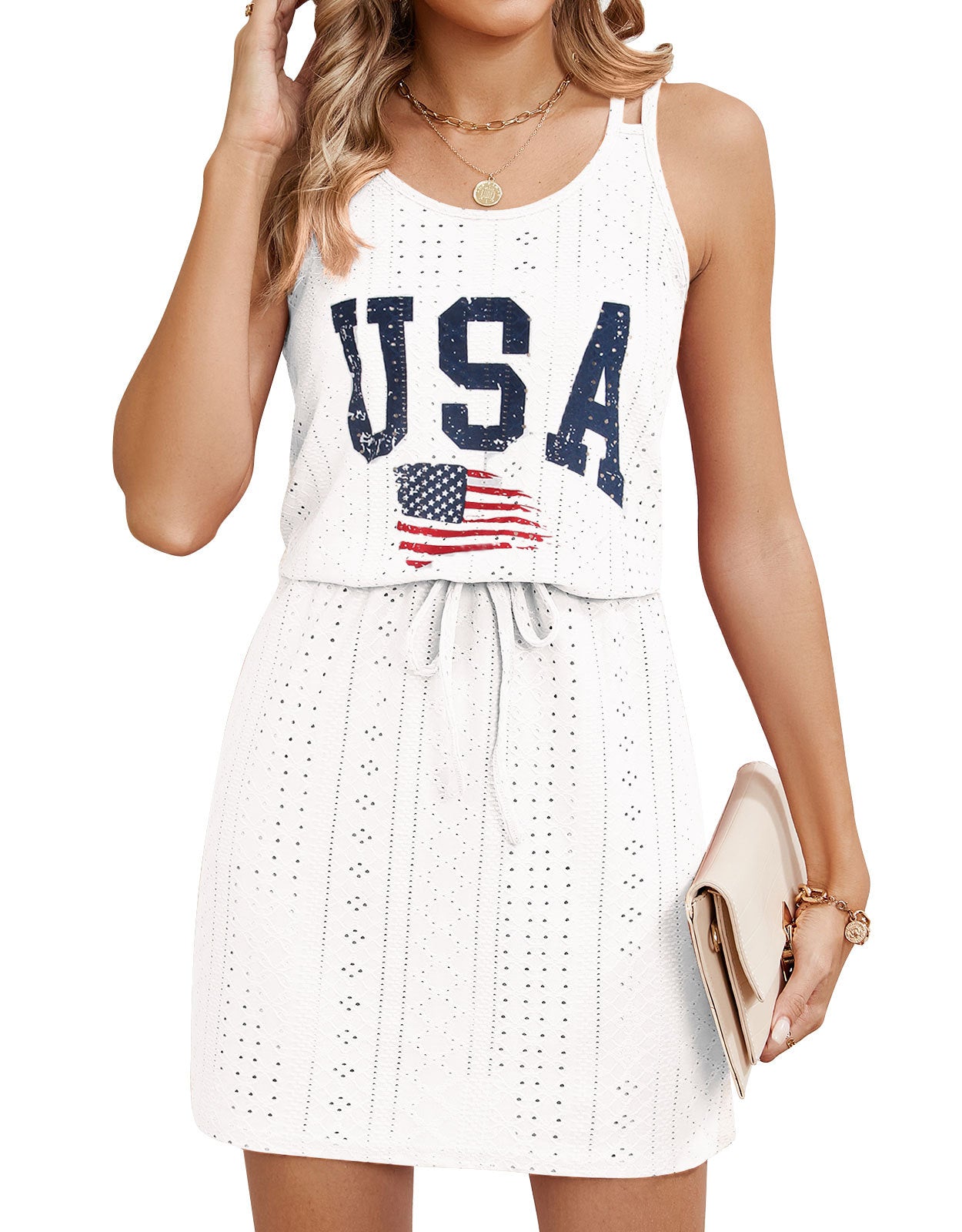 Eyelet Lace Sundress Resort Sleeveless Drawstring Waist