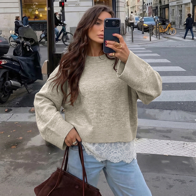 Oversized Crew Neck Sweater with Lace Hem