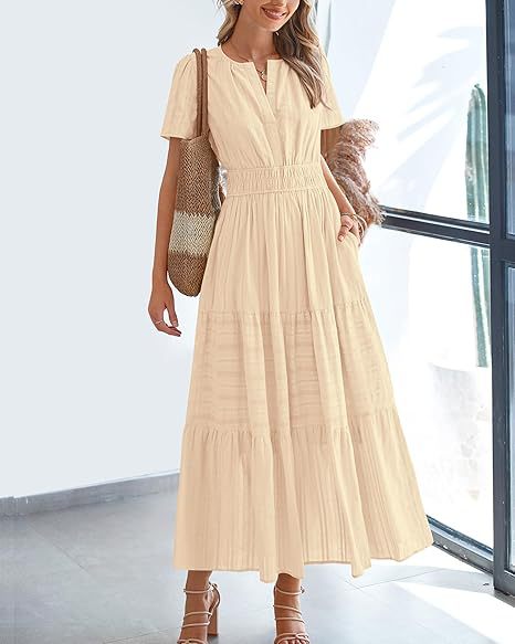 V Neck Smocked Puff Sleeve Flowy Midi Dress for Women