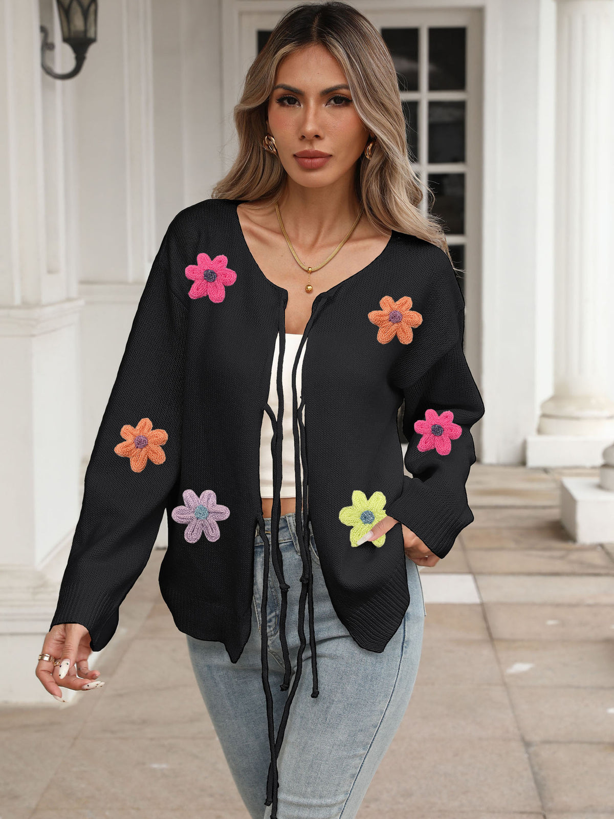 Women's Tie Front Crochet Flower Cardigan