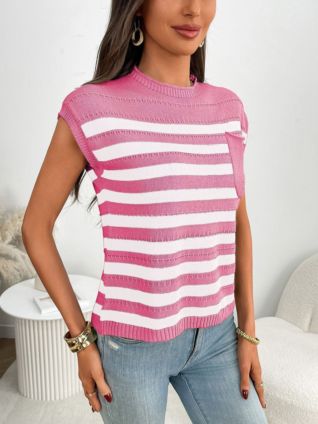 Women’s Striped Knit Top Sleeveless Sweater Casual Pullover
