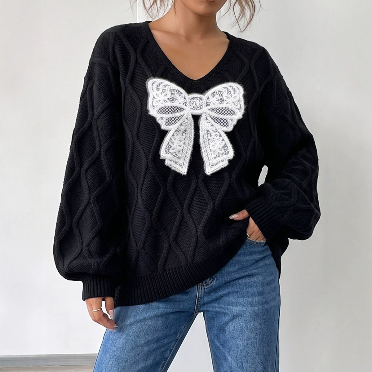 Women's Lace Bow Cable Knit V-Neck Balloon Sleeve Sweater