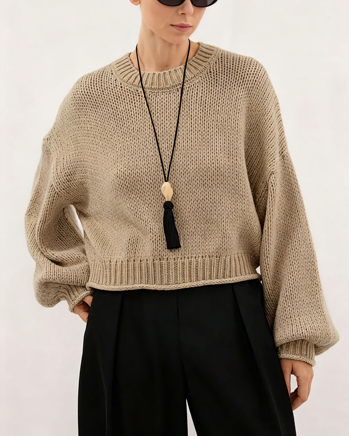 Women's Oversized Chunky Crew Neck Balloon Sleeve Sweater