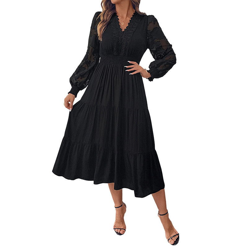 Elegant V Neck Lace Long Sleeve Black Midi Dress