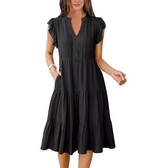 V Neck Flutter Sleeve Tiered Midi Dress with Pockets