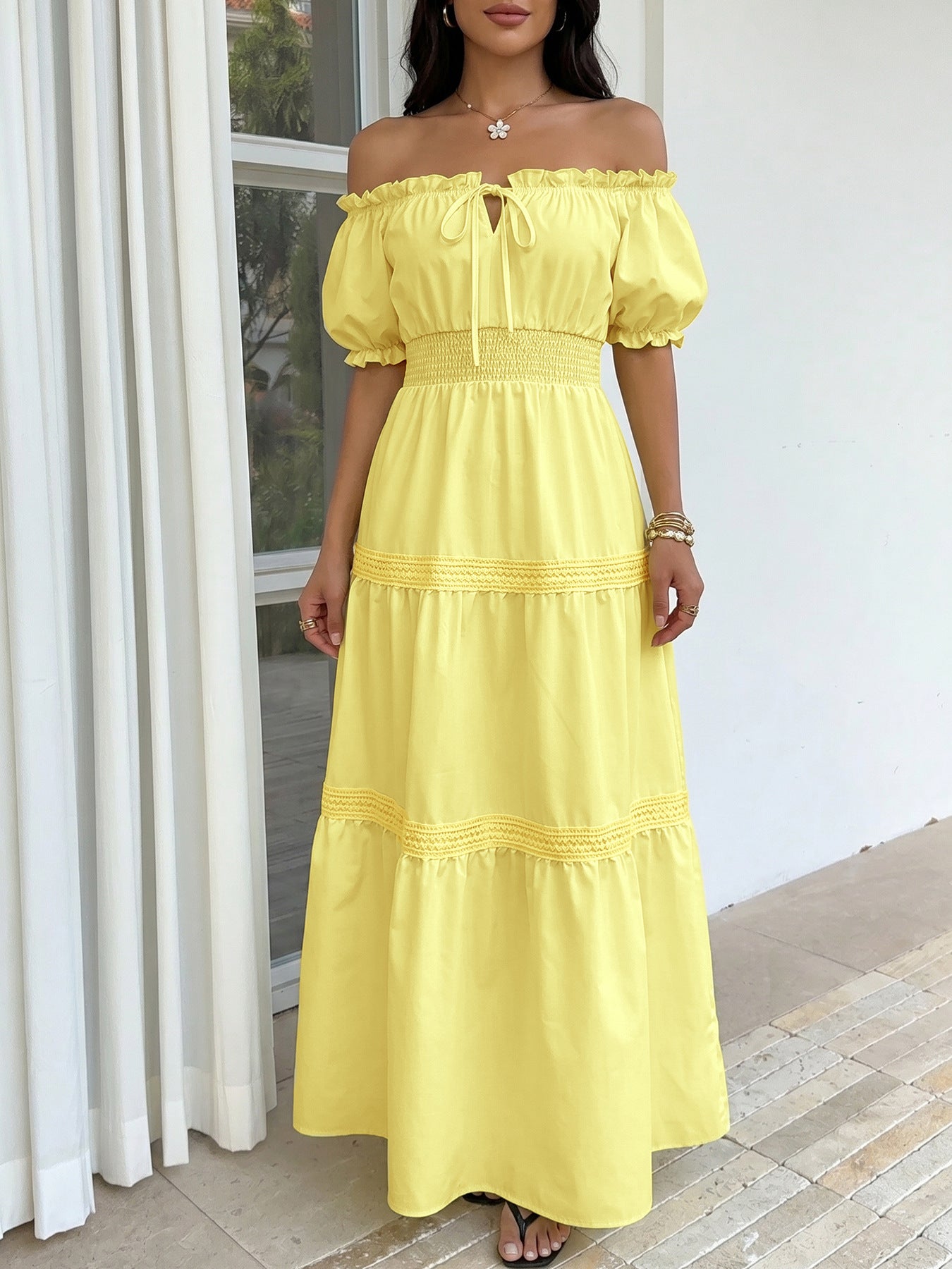Solid Woven Maxi Dress Resort Smocked Puff Sleeve
