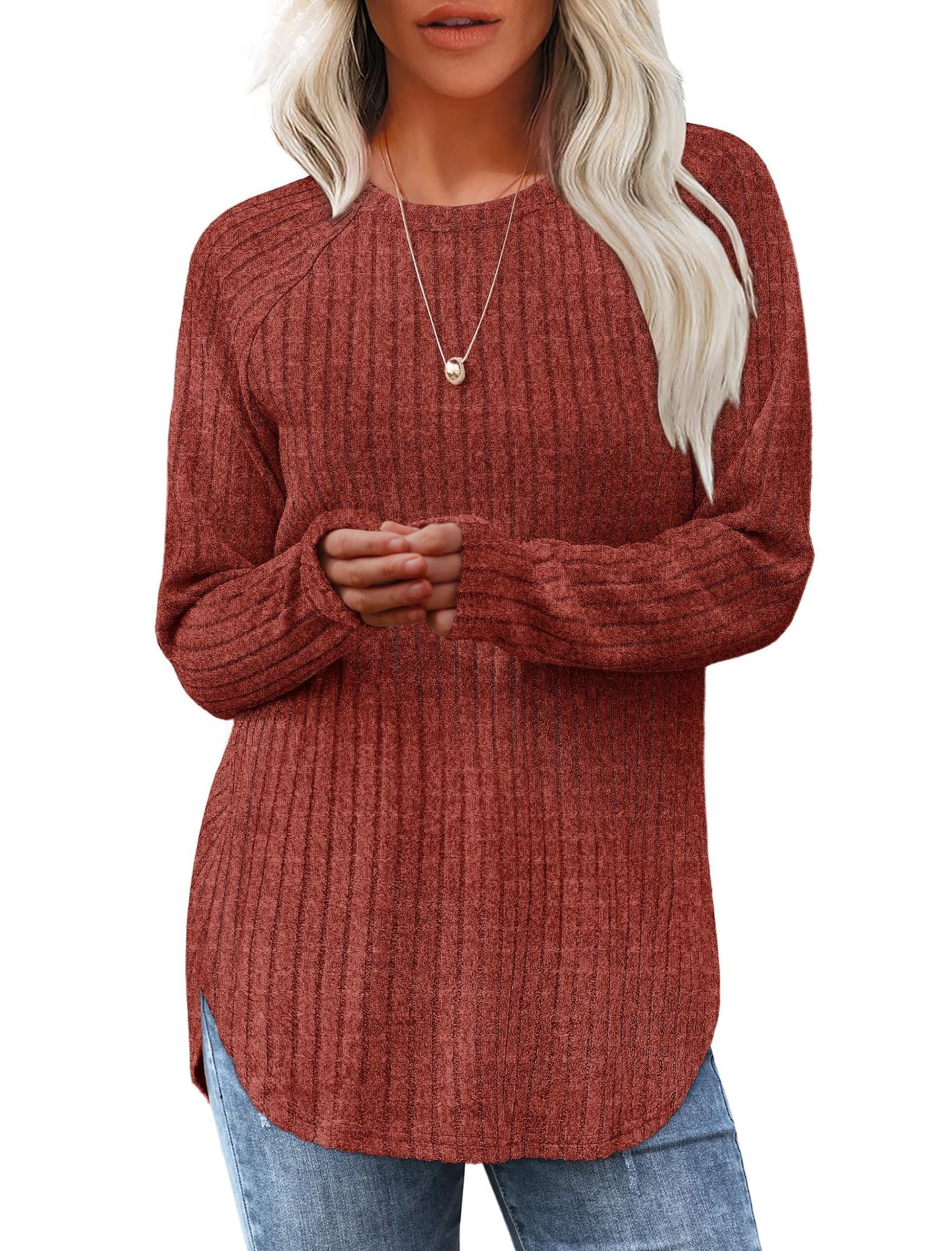 Solid Ribbed Knit Tunic Top Curved Hem Long Sleeve