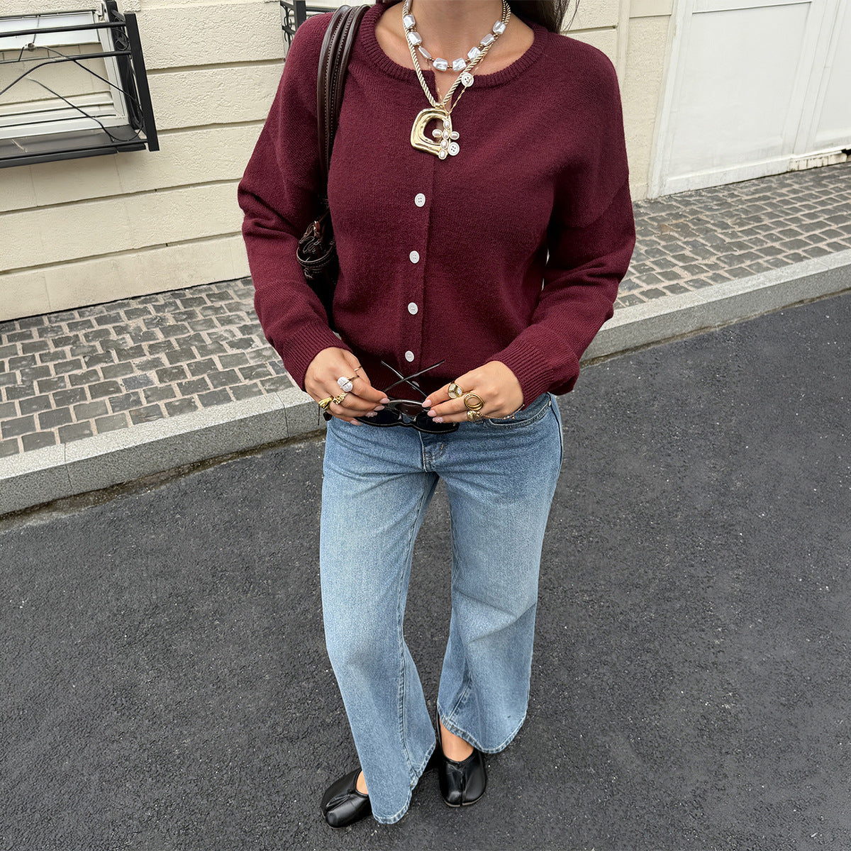 Women's Burgundy Cropped Knit Cardigan Button Up