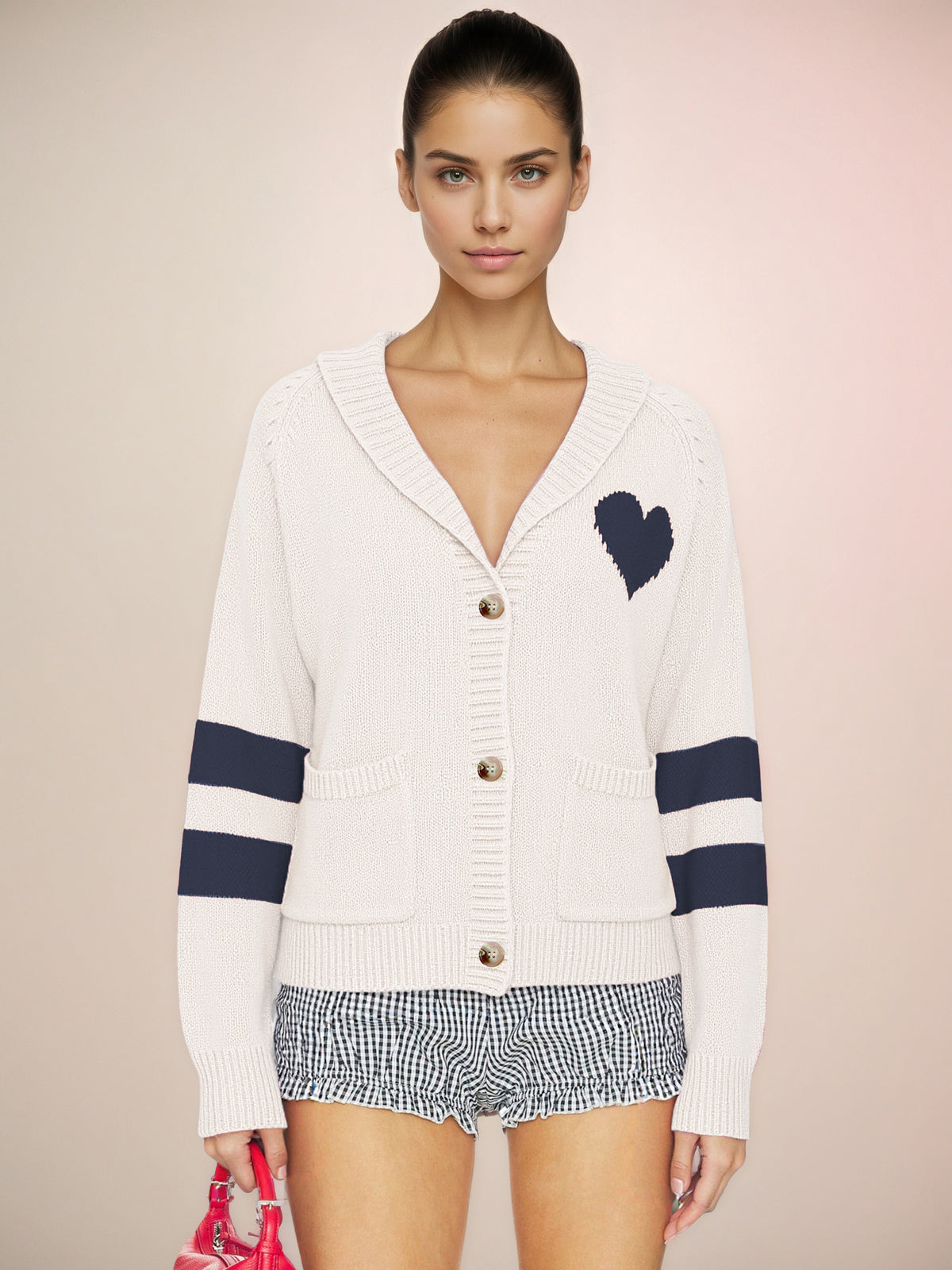 Women's Heart Striped Sleeve Knit Cardigan Sweater