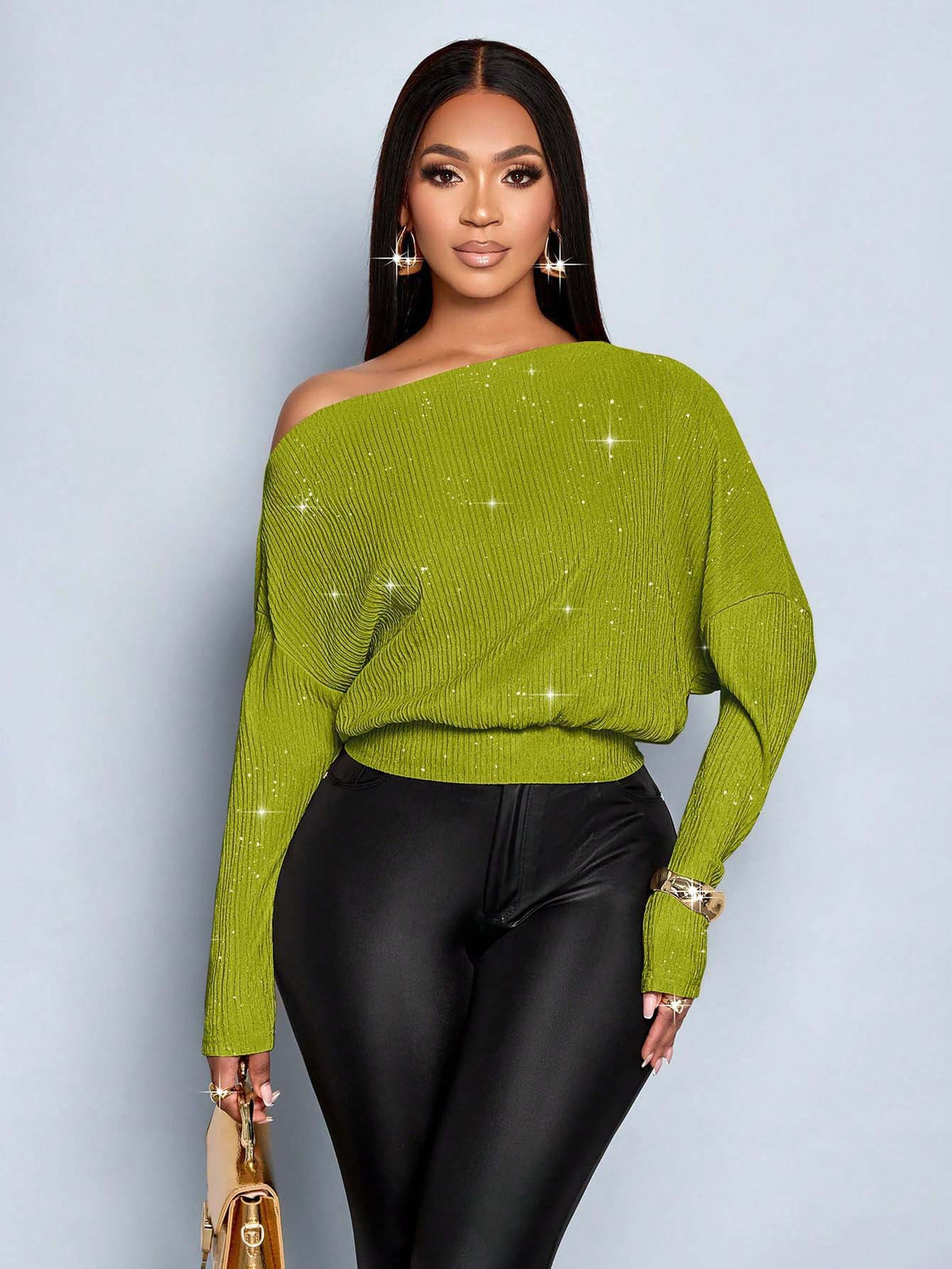 One Shoulder Glitter Batwing Sleeve Cinched Waist Knit Top