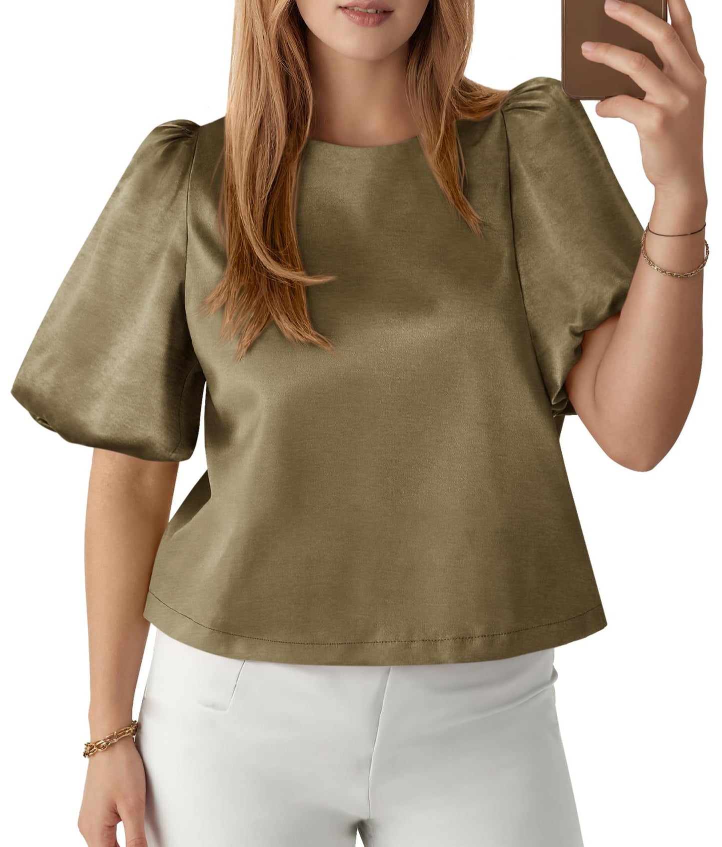 Satin Puff Sleeve Round Neck Elegant Blouse Top