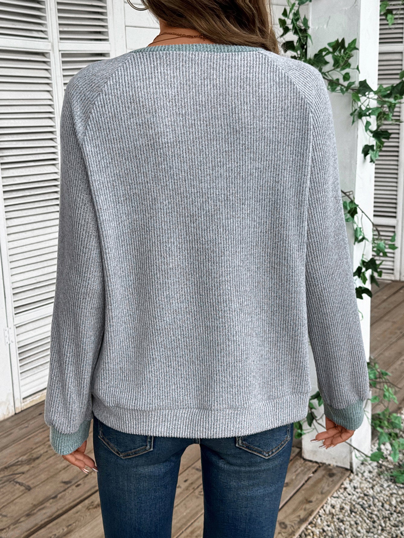 Colorblock Top Casual Waffle V-Neck Tunic