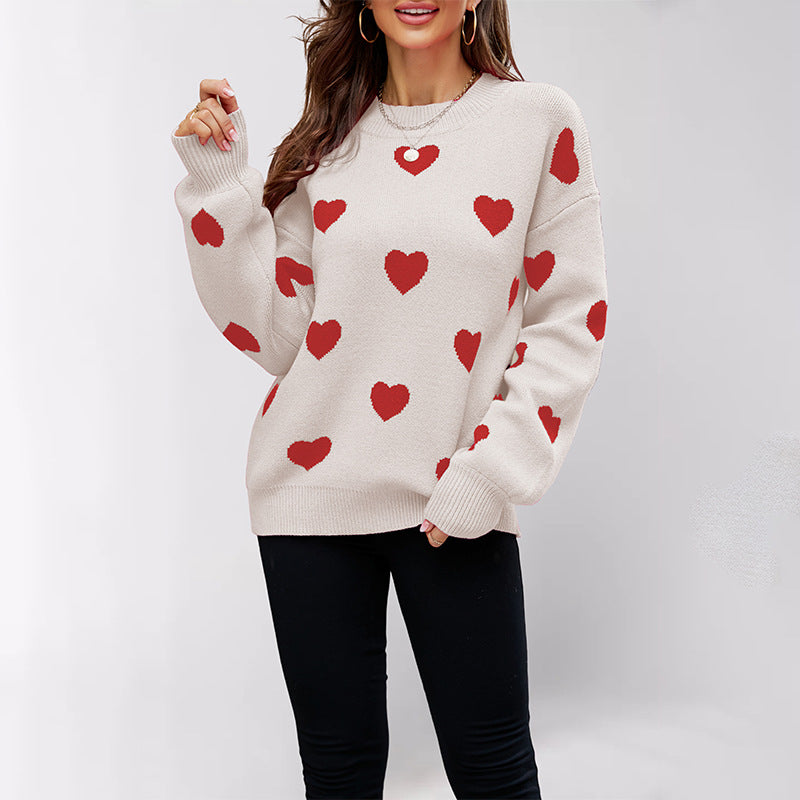 Women's Heart Print Crew Neck Oversized Pullover Sweater