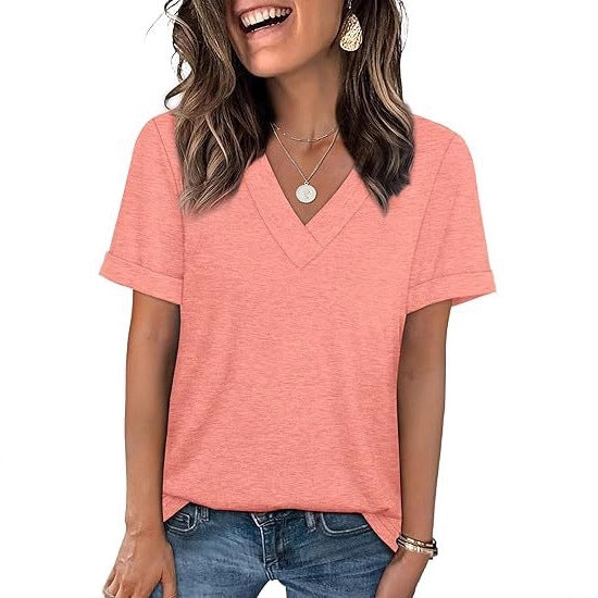 V Neck Basic Tee Short Sleeve Casual Loose Fit Top