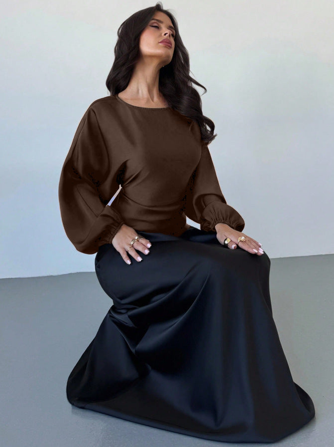 Women's Satin Batwing Long Sleeve Cinched Waist Blouse