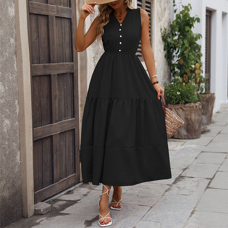 Sleeveless Solid Color A-Line Midi Dress with High Neck