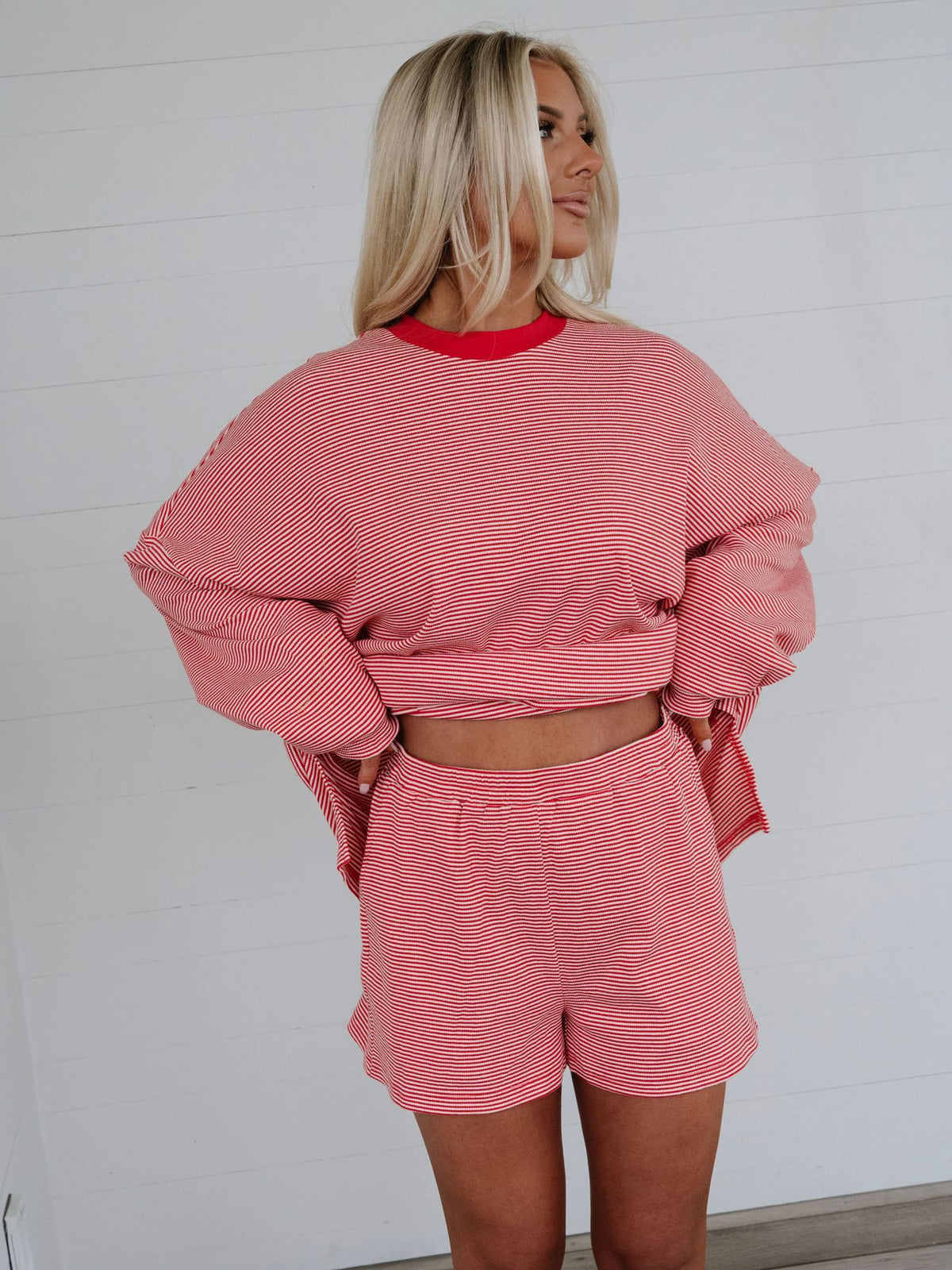 Women's Striped Oversized Long Sleeve Lounge Shorts Set